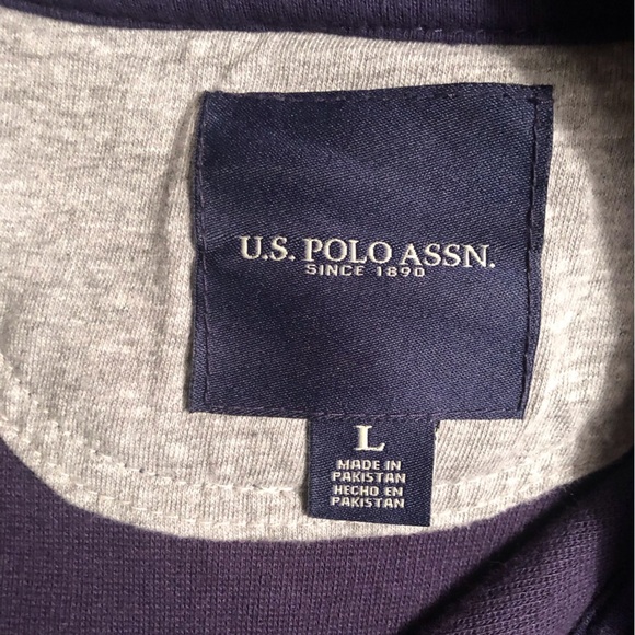 US Polo Assn Mens Large Navy Blue 1/4 Zip Sweater L/S Leather Zipper Pull - Picture 5 of 6